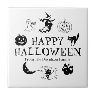 Happy Halloween custom name black white spooky Ceramic Tile