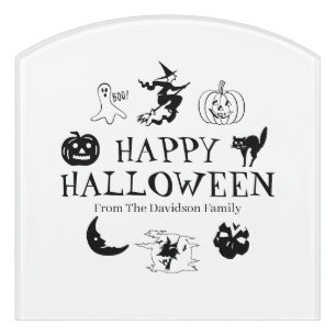 Happy Halloween custom name black white spooky Door Sign