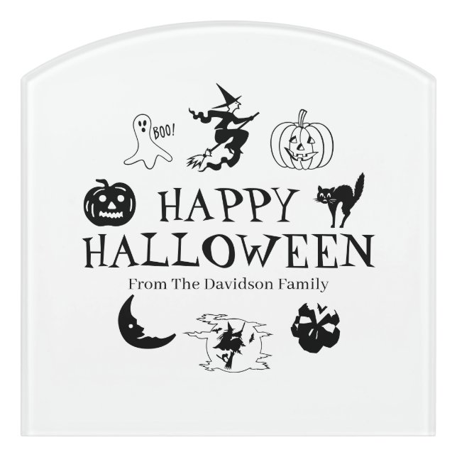 Happy Halloween custom name black white spooky Door Sign (Contour Front)