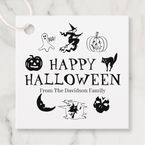 Happy Halloween custom name black white spooky Favor Tags