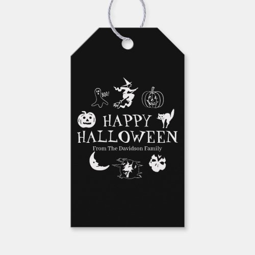 Happy Halloween custom name black white spooky Gift Tags