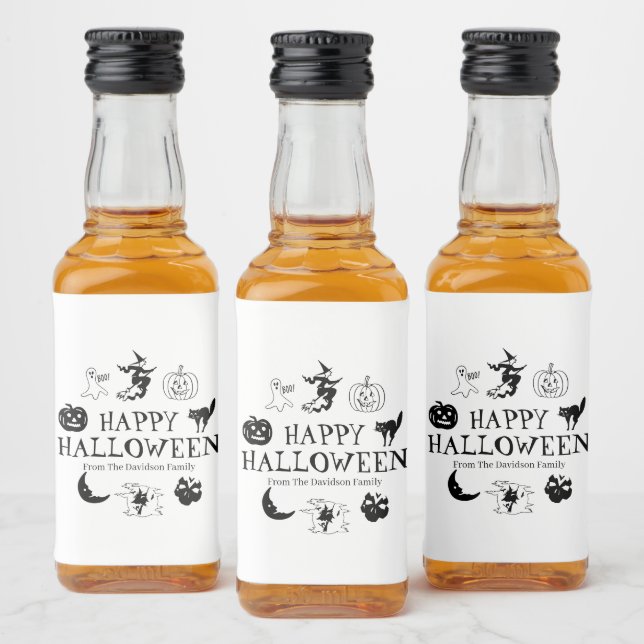 Happy Halloween custom name black white spooky Liquor Bottle Label (Bottles)