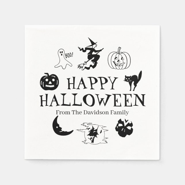 Happy Halloween custom name black white spooky Napkins (Front)