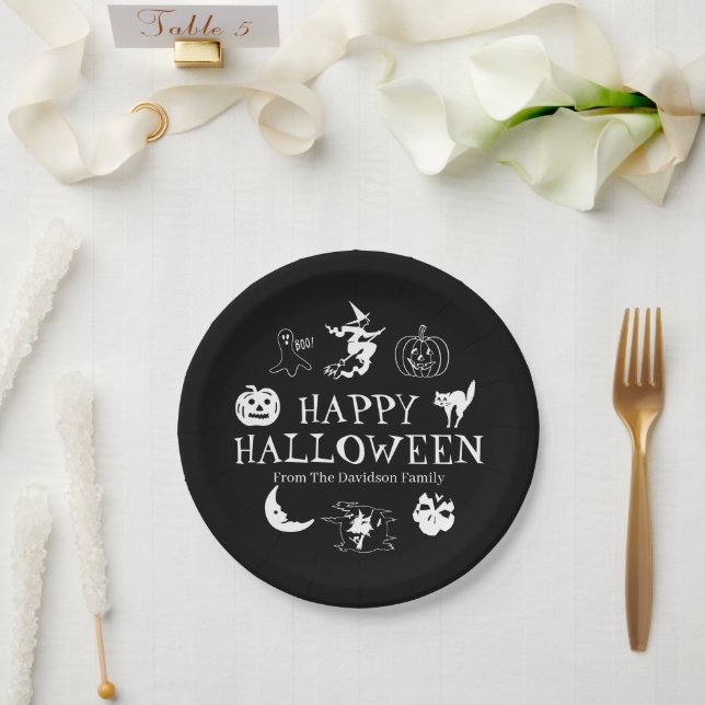 Happy Halloween custom name black white spooky Paper Plates (Wedding)