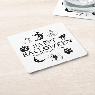 Happy Halloween custom name black white spooky Square Paper Coaster