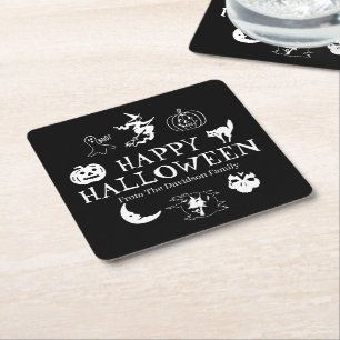 Happy Halloween custom name black white spooky Square Paper Coaster