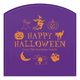 Happy Halloween custom name purple orange spooky Door Sign