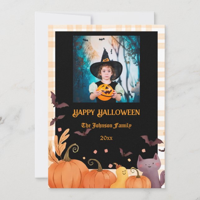 Happy Halloween Custom Photo Gingham Holiday Card (Front)