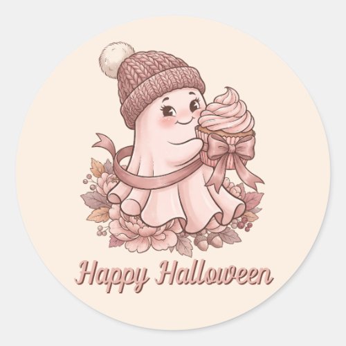 Happy Halloween Cute Autumn Harvest Ghost&Cupcake Classic Round Sticker