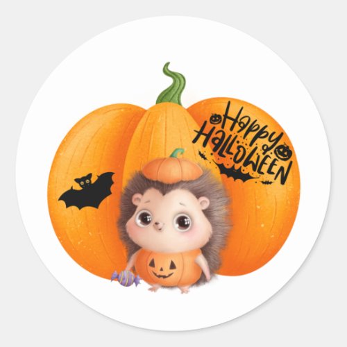 Happy Halloween Cute Baby Hedgehog and Pumpkin Classic Round Sticker