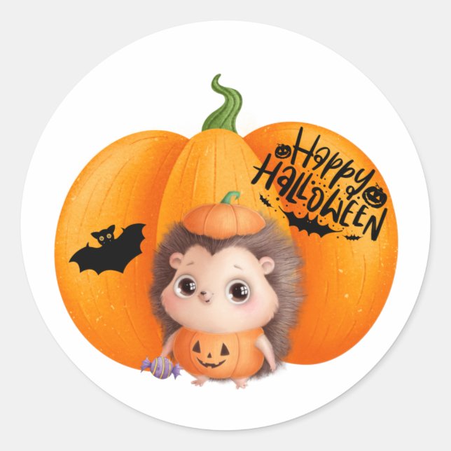 Happy Halloween Cute Baby Hedgehog and Pumpkin Classic Round Sticker (Front)