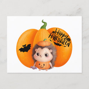 Happy Halloween Cute Baby Hedgehog and Pumpkin Postcard