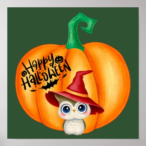 Happy Halloween Cute Baby Owl and Pumpkin Poster