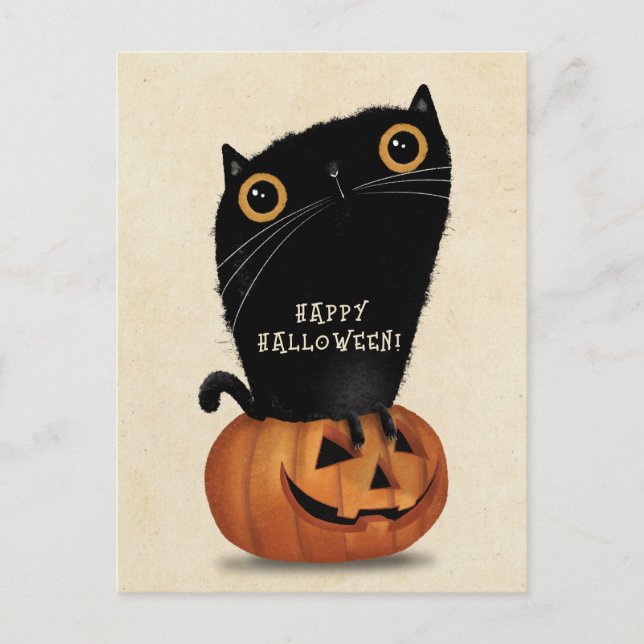 Happy Halloween Cute Black Cat Pumpkin Postcard (Front)