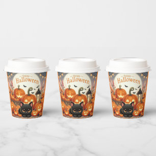 Happy Halloween Cute Black Cat, Pumpkins, Bats Paper Cups