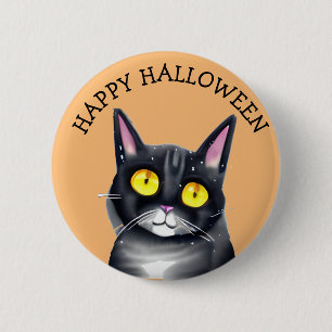 Happy Halloween Cute Black Cat Yellow Eyes Button