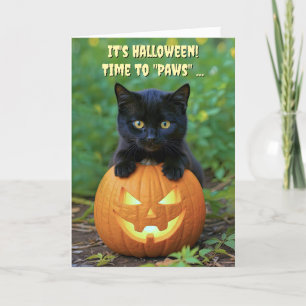Happy Halloween Cute Black Kitten and Pumpkin Fun Card