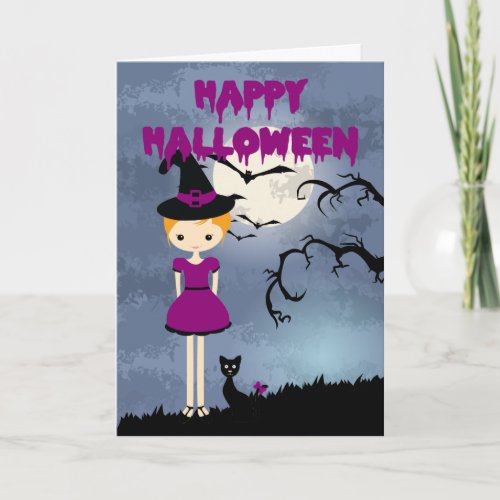 Happy Halloween Cute Blonde Witch with Black Cat Card