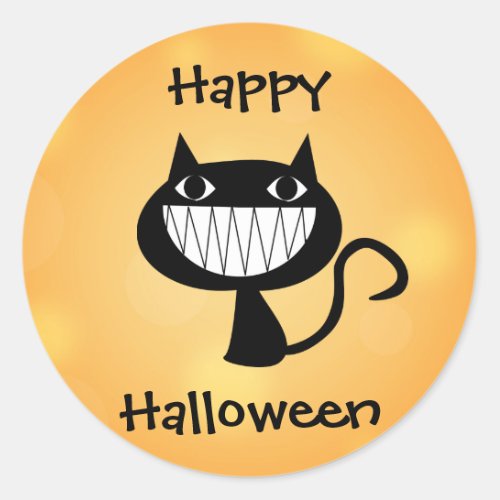 Happy Halloween Cute Cartoon Black Cat Orange Classic Round Sticker