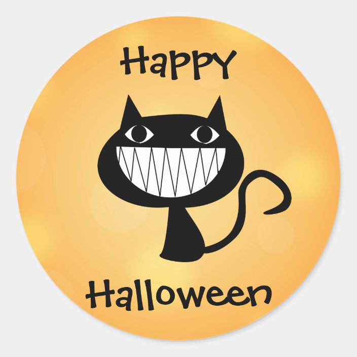 Happy Halloween Cute Cartoon Black Cat Orange Classic Round Sticker ...