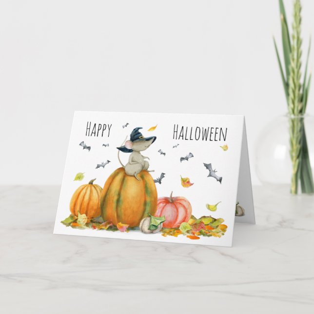 Happy Halloween Cute Cartoon Witch Mouse Card (Front)