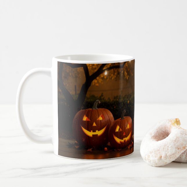 Happy Halloween, Cute Carved Pumpkins Coffee Mug (With Donut)