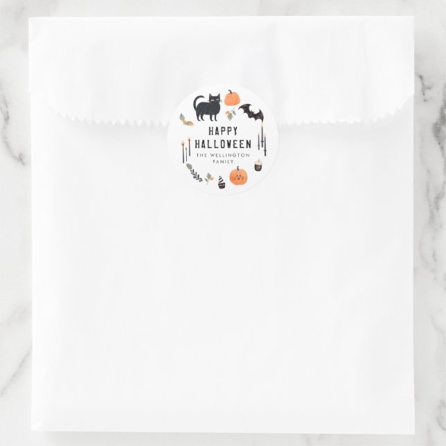 Happy Halloween Cute Cat Bat Pumpkin Classic Round Sticker (Bag)