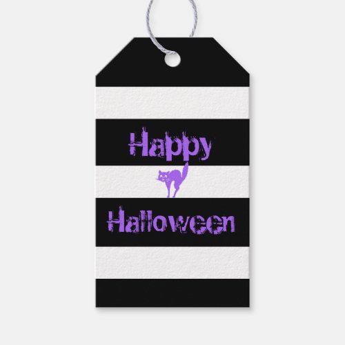 Happy Halloween Cute Cat Black White Striped Gift Tags