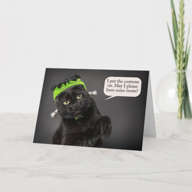 Happy Halloween Cute Cat in Frankenstein Costume Holiday Card (Front)