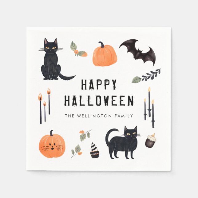 Happy Halloween Cute Cat Pumpkin Bat Napkins (Front)