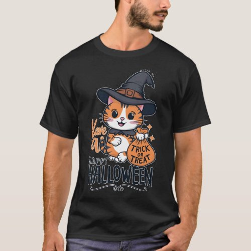 Happy Halloween _ Cute Cat with Trick or Treat Bag T_Shirt