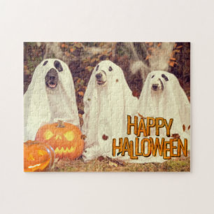 Happy Halloween Cute Dogs in Ghost Costumes Jigsaw Puzzle
