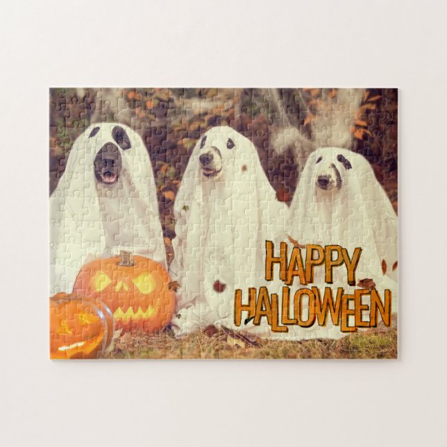 Happy Halloween Cute Dogs in Ghost Costumes  Jigsaw Puzzle (Horizontal)