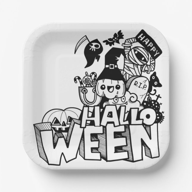 Happy Halloween Cute Doodle Pumpkin Cat Mummy Paper Plates (Front)