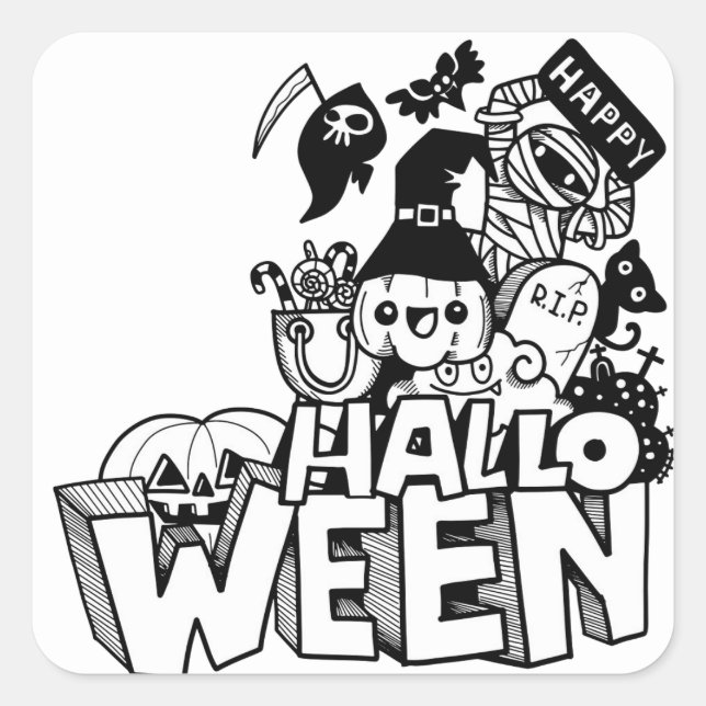 Happy Halloween Cute Doodle Pumpkin Cat Mummy Square Sticker (Front)