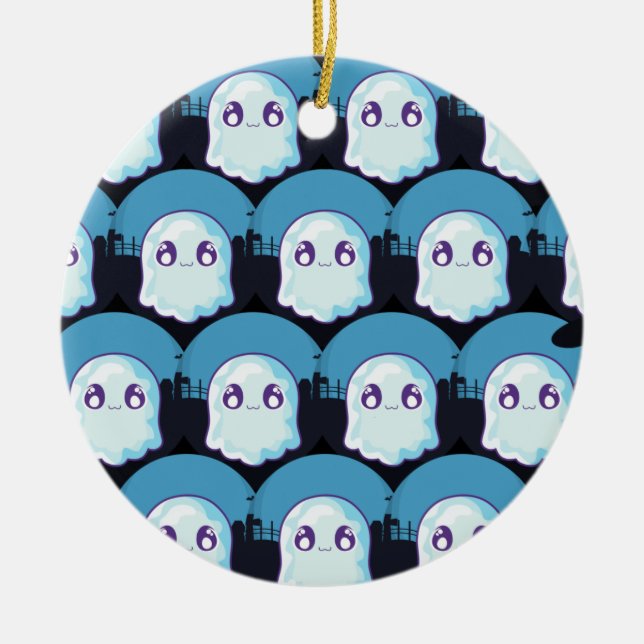 Happy Halloween Cute Funny Baby Ghost Blue Pattern Ceramic Ornament (Front)