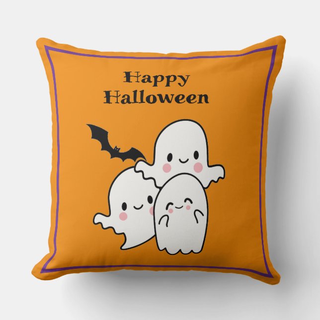 Happy Halloween Cute Ghost Bat Orange Purple Throw Pillow (Front)