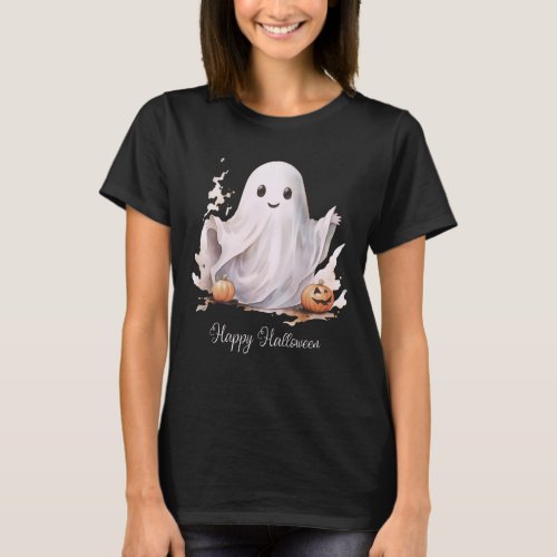 Happy Halloween Cute Ghost Black Halloween T_Shirt