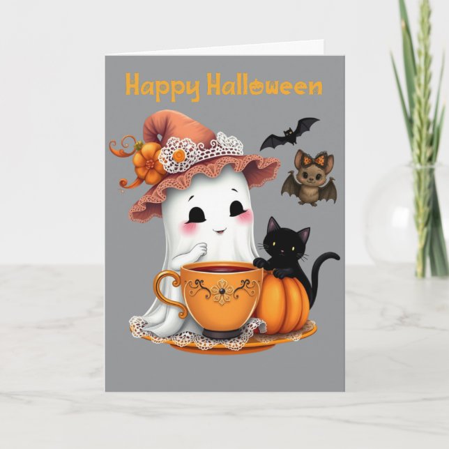 Happy Halloween Cute Ghost, Cat, Bat  Card (Front)
