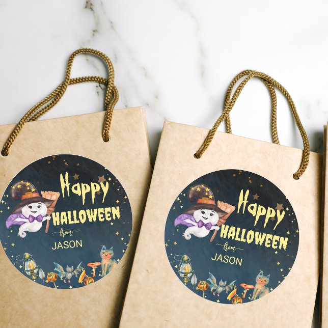 Happy Halloween cute ghost Classic Round Sticker (Happy Halloween stickers cute ghost starry night critters stickers for Halloween goodie bags gifts)