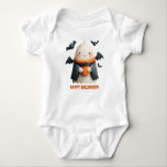 Happy Halloween Cute Ghost Design Baby Bodysuit<br><div class="desc">This adorable “Happy Halloween” design features a cute ghost in a cozy scarf and cape, holding a warm coffee while surrounded by playful bats. Blending spooky charm with cozy autumn vibes, it’s perfect for Halloween enthusiasts who love both festive fun and seasonal comfort. Ideal for hoodies, blankets, mugs, and greeting...</div>