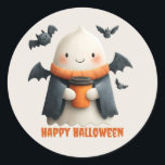Happy Halloween Cute Ghost Design Classic Round Sticker<br><div class="desc">This adorable “Happy Halloween” design features a cute ghost in a cozy scarf and cape, holding a warm coffee while surrounded by playful bats. Blending spooky charm with cozy autumn vibes, it’s perfect for Halloween enthusiasts who love both festive fun and seasonal comfort. Ideal for hoodies, blankets, mugs, and greeting...</div>