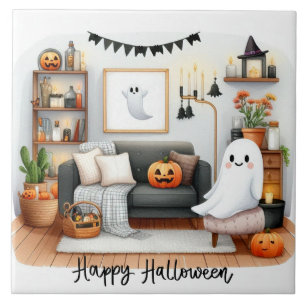 Happy Halloween Cute Ghost in His House Ceramic Tile