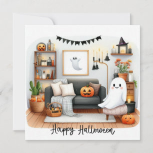 Happy Halloween Cute Ghost in His House  Holiday Card