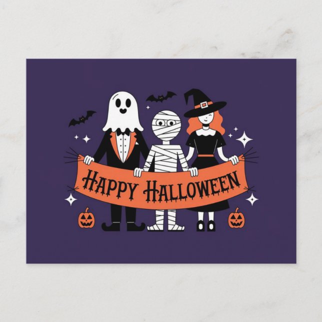 Happy Halloween | Cute Ghost, Mommy, and Witch Postcard (Front)