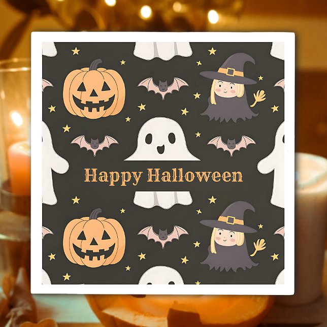 Happy Halloween Cute Ghost Pumpkin Witch Paper Napkins (Creator Uploaded)