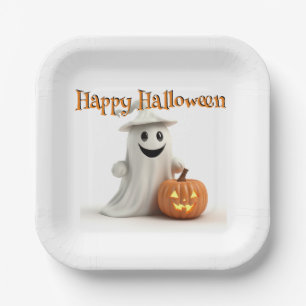 Happy Halloween CUTE GHOST WITH PUMPKIN Paper Plates