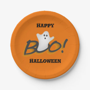 Happy Halloween Cute Ghost Word BOO!Orange Paper Plates