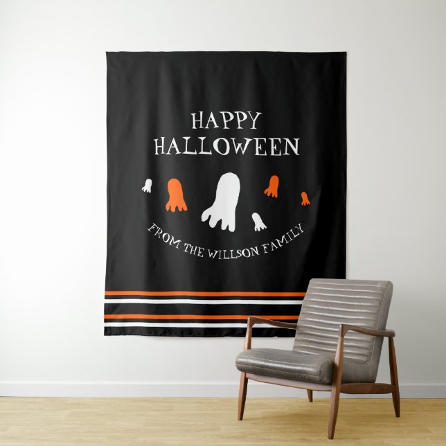 Happy Halloween Cute Ghosts Orange, Black, White Tapestry (In Situ)