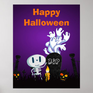 Happy Halloween Cute Ghosts & Seletons in Cemetery Poster
